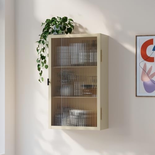 [en.casa] Hängeschrank Zundert mit Glastür 60x35x15 cm Stahl Kamelfarben | Badezimmerschrank hängend, Medizinschrank, Wandschrank, Stahlschrank, geriffelte Glastür, für Badezimmer, Küche, Flur