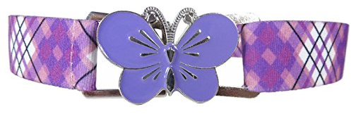 Olata elastischer Mädchen-Gürtel mit Blumen/Schmetterling Schnalle (1-6 Jahre). Tartan Lila/Schmetterling Lila