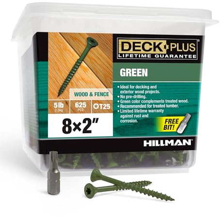Deck Plus 48400 Exterior Wood Screws, #8 x 2, 4-Layer Epoxy Coated, Torx/Star Drive Included, Coarse Thread, Decking Screws, Outdoor Rust Resistant, Green, 625pcs