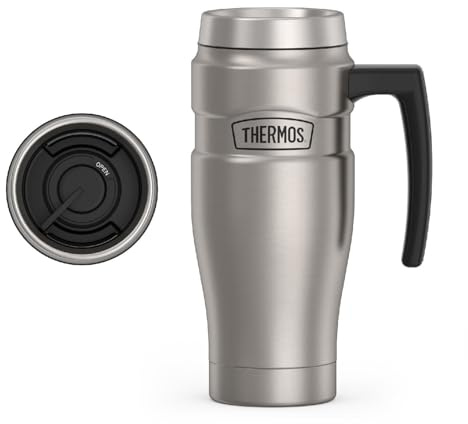 THERMOS Stainless King Vacuum-Insulated Travel Mug with Handle - 16oz, Matte Steel - Thermos Tumbler for Hot & Cold Drinks - Leak-Proof & Sweat-Proof Stainless Steel Coffee Mug with Lid for Commuting