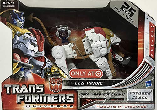 Transformers 25th Anniversary Universe Exclusive Voyager Class 8 Inch Tall Robot Action Figure - White Maximal Leo Prime with Snap Out Claws, Jungle Whip and Key (Beast Mode : Lion) by Hasbro