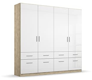 Rauch Möbel Celle hinged door wardrobe in Sanremo oak light/high polish white, 4 doors, 8 drawers, incl. accessories package Basic 1 hanging rail, 2 shelves, WxHxD 181x197x54 cm