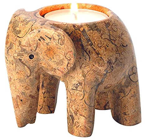 Fossiler Stein Elefanten-Teelicht Kerzenständer - Teelichter inklusive!