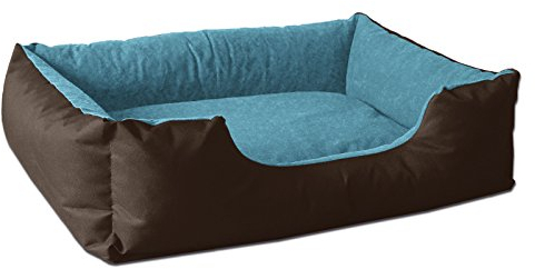BedDog Hundebett LUPI, Hundekissen mit Abziehbaren Waschbaren Bezug, Hundekorb, Hundesofa, für Kleine Hunde, S, braun-blau