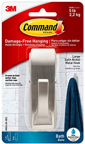 Command Bath Large Modern Reflections Satin Nickel Metal Hook - 1 Hook and 2 Large Adhesive Strips - Hang Towels, Robes and other Bathroom Accessories - Damage Free Hanging
