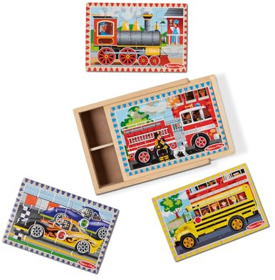 Melissa & Doug 4‑in‑1 Wooden Vehicle Jigsaw Puzzle Set, 48 Pieces with Storage Box, Toddler Puzzle Toy for Kids Ages 3+- FSC Certified