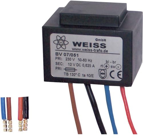 Weiss Elektrotechnik 07/051 Kompakter Netzteiltransformator, 1 x 230 V, 1 x 12 V/DC, 7,50 W, 625 mA