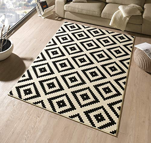 Hanse Home Teppich Raute – Wohnzimmerteppich Kurzflor Skandi Rauten Muster Modern Velours Teppich für Esszimmer, Wohnzimmer, Kinderzimmer, Flur, Schlafzimmer, Küche – Schwarz Creme, 80x300cm