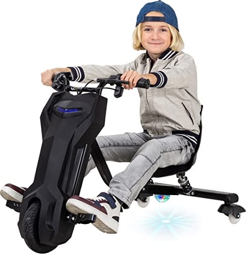 Actionbikes Motors Kinder Elektro Driftscooter | 𝟐𝟓𝟎 Watt Motor - Drift Cart 360°- 3 Geschwindigkeitsstufen - LED-Beleuchtung - Sitz verstellbar - Bluetooth - Drift Kart - Drift Auto (Schwarz)