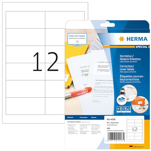 HERMA Self Adhesive Correction Labels, 12 Labels per A4 Sheet, 25 Sheets, 97 x 42.3 mm, 300 Labels, Blank Opaque Labels Stickers, Sticky Labels for Laser & Inkjet Printer, White