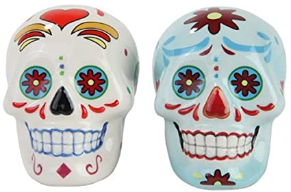 1 X Day of Dead Sugar White & Blue Skulls Salt & Pepper Shakers Set- Skulls Collection by Pacific Giftware