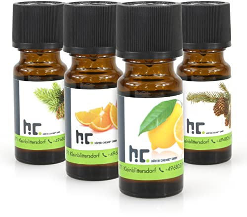 Höfer Chemie Duftöl Set mit 4 Düften - Konifere, Orange, Zitrone, Fichte für Duftlampen Diffuser Potpourris Aromatherapie - Duft Ätherisches Öl