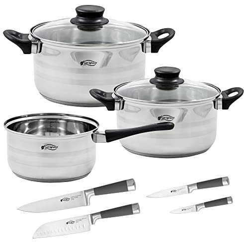 San Ignacio 5PCS Set de batería de Cocina 5 Piezas con Tapas de Vidrio y Juego de Cuchillos Profesionales, Metal, Negro/Plateado, 5 cuerpos + 4 cuchillos