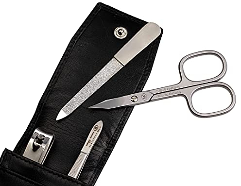 HK Manicure by Hans Kniebes - Taschenmaniküre - 4-tlg. Set mit Nagelschere, Knipser, Nagelfeile und Pinzette - Manicure-Etui aus Amalfi-Vollrindleder schwarz