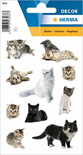 HERMA 3433 Aufkleber Katzen klein groß, 30 Stück, Tiere Sticker mit süße Kätzchen Motiv, Kinder Etiketten für Fotoalbum Tagebuch Poesiealbum Scrapbooking Geburtstag Dekoration Briefe DIY Basteln