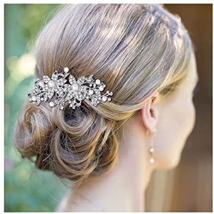 EVER FAITH® Silber-Ton österreichische Kristall Cream künstliche Perle Graceful rotbud Blume Haarkamm blau N07913-2