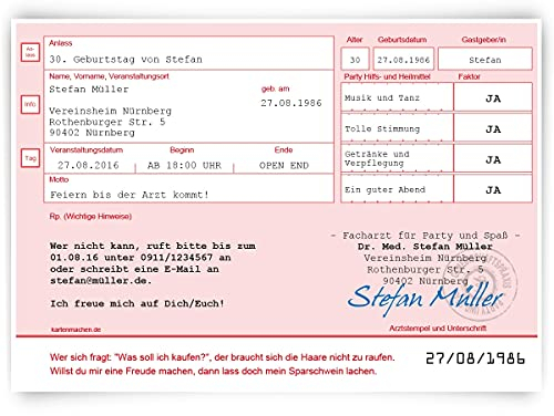 Kartenmachen.de Witzige Individuelle Einladungskarten zum Geburtstag als ärztliches Rezept in Rosa Verschreibung (ab 10 Stück), dickes 300g/qm Papier in DIN A6