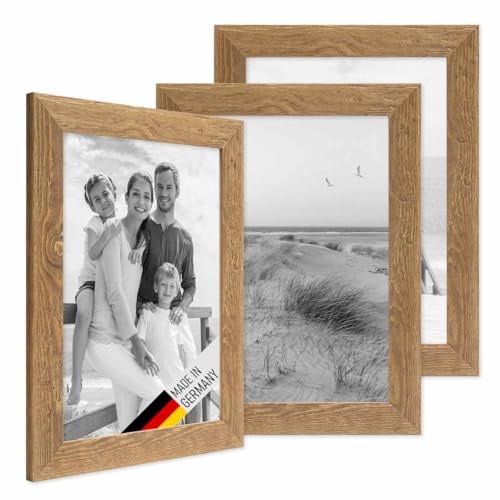 PHOTOLINI Bilderrahmen A4 21x30 cm Holz Eiche-Optik, 3er Set Echtholz-Rahmen rustikal, Strandhaus, Made in Germany, Echtglas, zum Aufhängen, extra Zubehör - Treibholzlook mit einem Hauch Küstenflair