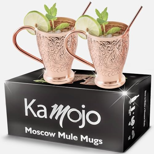 Moscow Mule Kupferbecher – geprägtes Set mit 2 reinen Kupferbechern – 2 Strohhalme/Rührstäbchen – 20 Rezepte E-Book – exklusiv von Kamojo