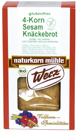 Werz 4-Korn-Vollkorn-Sesam-Knäckebrot glutenfrei, 2er Pack (2 x 150 g Packung) - Bio