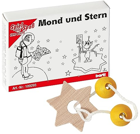 Bartl 109293 Mini-Holz-Puzzle Mond und Stern aus 3 kleinen Holzteilen und Einer Schnur
