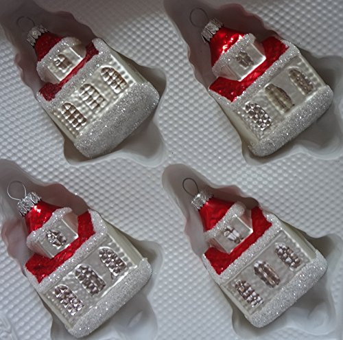 Matte weiße Kirche aus Glas mit weißem Glitzer und rotem Dach 4er Set - Weihnachtskugeln