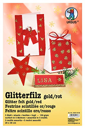 Ursus 20250099 - Glitter Filz, gold/rot, ca. 20 x 30 cm, 150 g/qm, 5 Bogen, aus Bastelfilz, in 5 verschiedenen Motiven, ideal für kreative Bastelarbeiten