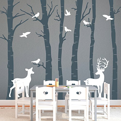 Wandtattoo Loft Birkenstämme mit Hirsch und Reh (2farbig) in der Größe 250 cm hoch x 341 cm breit/Wald/Tiere/Wandaufkleber/Wandsticker