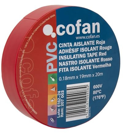 Cofan Cinta Aislante 180 Micras | Color rojo | Resistente al voltaje, al calor y a diferentes ácidos y alcalinos