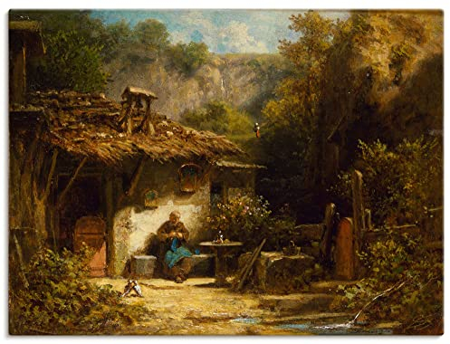ARTLAND Wanddeko Leinwand Bilder Wandbild Garten Hütte Pflanzen Eremit Sitzbank Strickender Einsiedler 1860/70 Biedermeier Carl Spitzweg T6LZ