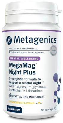 Metagenics MegaMag Night Plus, Magnesium Glycinate Powder - 30 Servings | Delicious chamomile flavoured bedtime powder with folic acid & B12 to support a normal restful night