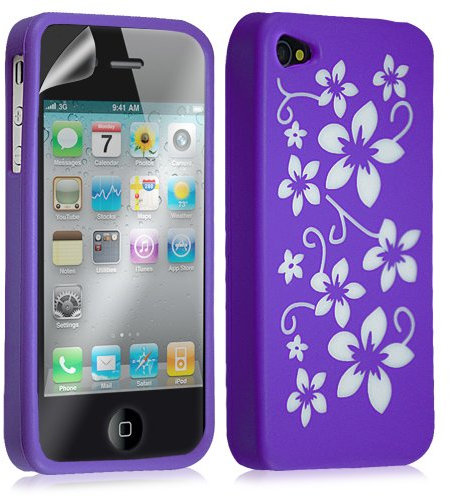Custodia custodia Cover Silicone per Apple Iphone 4/4S, motivo floreale colore viola + pellicola protezione