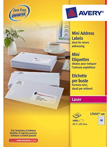 Avery L7654-100 Mini Organising/Return Address Labels (A4 Sheets of 45.7 x 25.4 mm, 40 Labels Per Sheet, 100 Sheets) - White