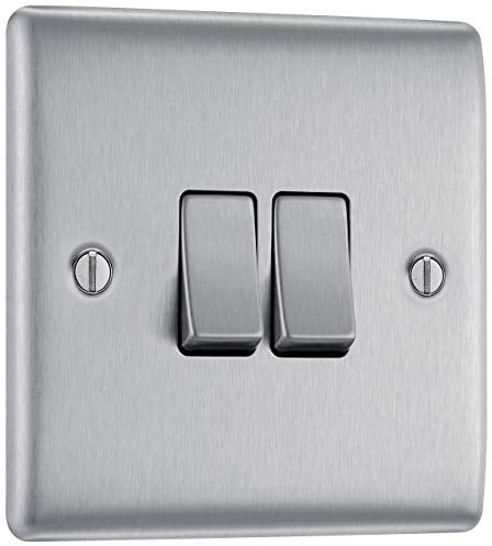 BG Electrical Double Wall Light Switch, 2 Way, Raised and Slim Profile, Round Edges, Nexus Metal, Brushed Steel, 20A, 16AX, NBS42