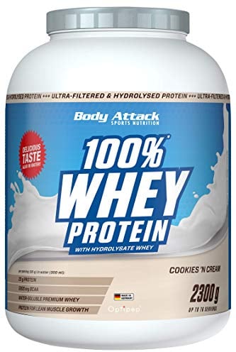 Body Attack 100% Whey Protein - Cookies n Cream, 2,3kg - Made in Germany - extra cremiges Eiweißpulver mit Hydrolysat und BCAA´s, unterstützt Muskelaufbau und Diäten, für alle Sportler & Athleten