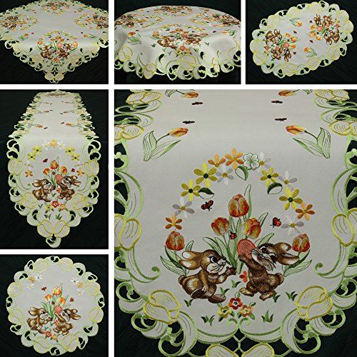 Ostern Tischband/Tischdecke Weiß mit gelb-orange Tulpen, Marienkäfer Stickerei - Größe wählbar (ca. 30 x 160 cm)