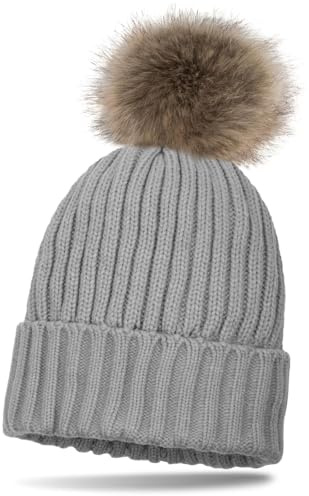 styleBREAKER Kinder Bommelmütze Strick Fleece 46-54cm | Perlrippen Muster. Kunstfell Bommel 8cm. Thermo Futter. elastisch. 100% Polyester. Einheitsgröße. winterfest.