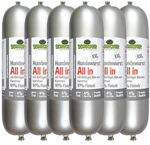 Schecker Nassfutter - Hundewurst XXL All In mit 91% Fleisch - Fleischwurst für Hunde kann ohne Kühlung gelagert Werden - Glutenfrei (800 g (6er Pack))