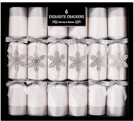Royle Exquisite Collection Box of 6 Premium Christmas Crackers 13.5 Wide Barrelled - Silver Snowflake Xmas Crackers Xmas Decorations Tableware