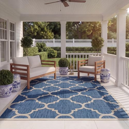 SAFAVIEH Washable Rug Outdoor Courtyard Collection - 6'7 x 9'6, Blue & Beige, Non-Shedding & Easy Cleaning, Ideal for Patio, Backyard, Mudroom (CY6243-243)