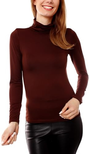 Easy Young Fashion - Damen Thermo Mikrofaser Langarm Rollkragen Shirt - Rolli Unterziehshirt Skinny Fit 3253 - Dunkelbraun L