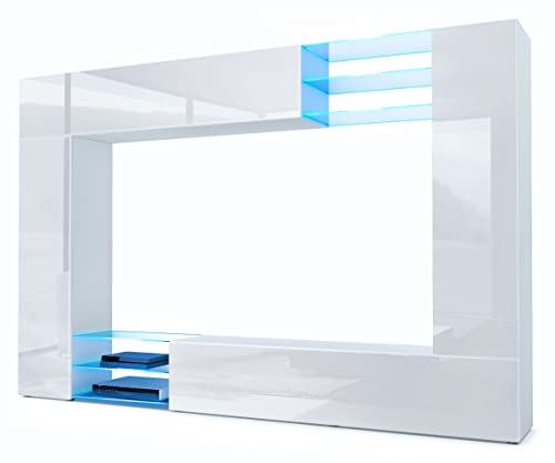 Vladon Wohnwand Mirage, Made in Germany, Anbauwand mit Rückwand mit 2 Türen, 2 Klappen und 6 offenen Glasablagen, Weiß matt/Weiß Hochglanz, inkl. LED-Beleuchtung (262 x 183 x 39 cm)