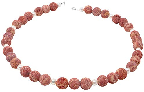 Kette Collier Natur-Koralle mit Poren & Süßwasser-Perlen 925 Silber rot-orange