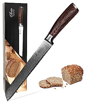 Wakoli EDIB Damast Brotmesser, 20 cm Wellenschliff-Klinge aus 67 Lagen Damaststahl mit VG10-Kern, ergonomischer Pakkaholzgriff, Brotschneidemesser & Bäckermesser in Geschenkbox