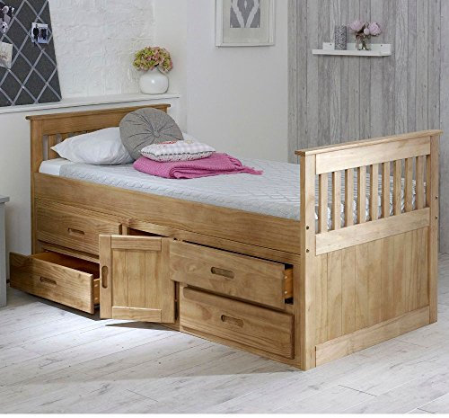 Happy Beds Captains Wooden Waxed Pine Storage Bed Drawers Cupboard Bedroom Furniture 3' Single 90 x 190 cm