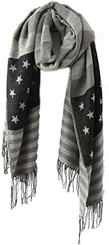 UK_Stone Damen Sternen Streifen Schal Halstuch Gross Grau Schwarz Poncho mit Quaste