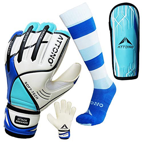 ATTONO Torwarthandschuhe Fingersave im Set Handschuhe mit Stutzen und Schienbeinschonern