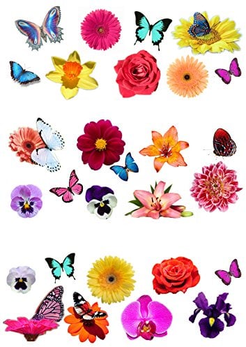 28 Beautiful Flower and Butterfly Edible Wafer Paper Cake Toppers Decorations
