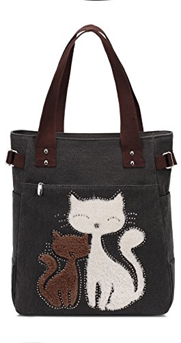 KAUKKO Canvas Handtaschen Niedliche Katzen Shopper Schultertasche Frauen Ideal Geschenk für Mädchen, Damen, Katzen Liebhaber, Schwarz-93