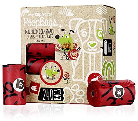My AlphaPet kompostierbarer Hundekotbeutel – Maisstärke umweltfreundlich – EN 13432 bewertet – 240 Stück 16 Rose duftend Rollen Nachfüllpackung – 22cm x 33cm groß – auslaufsicher